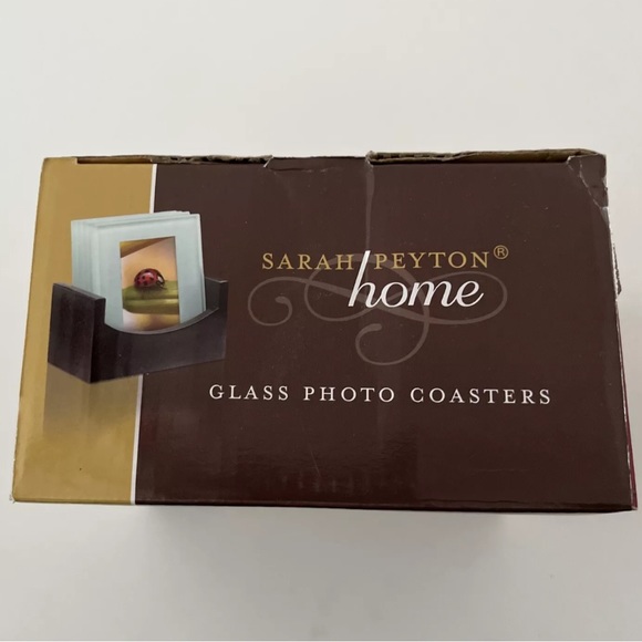 Sarah Peyton Home-4 solid glass photo coasters with wood holder, 4” - Picture 3 of 4